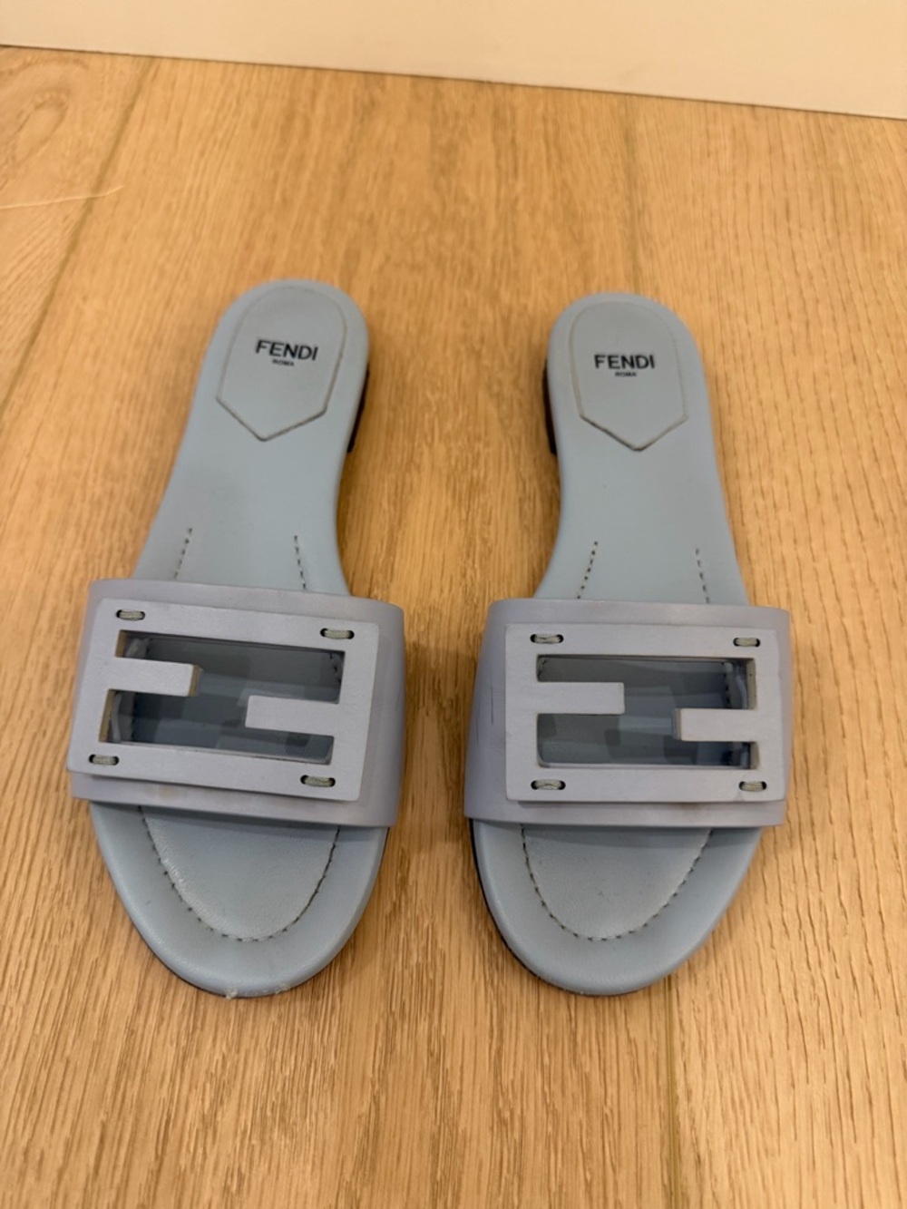 Fendi Light Blue Logo Slide Mules